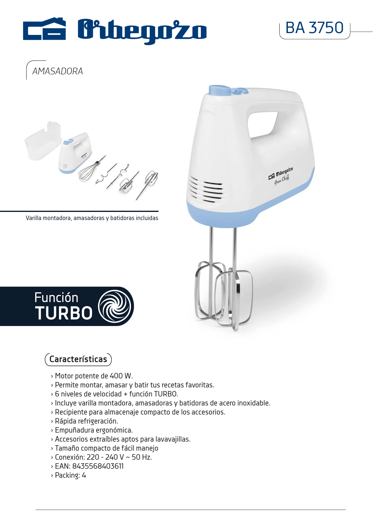 Amasadora Orbegozo Orbegozo 400W Ba3750